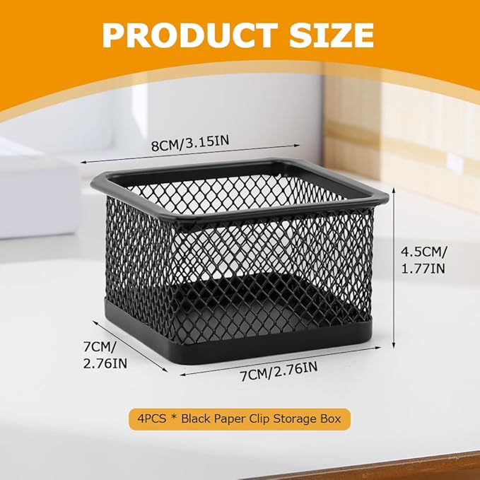 Paper Clip Holder, Stackable Mesh Desk Organizer, 4 Pack Black Metal Dispenser Organizer Box for Desk Office Binder Supplies & Small Accessories(Size:Square)