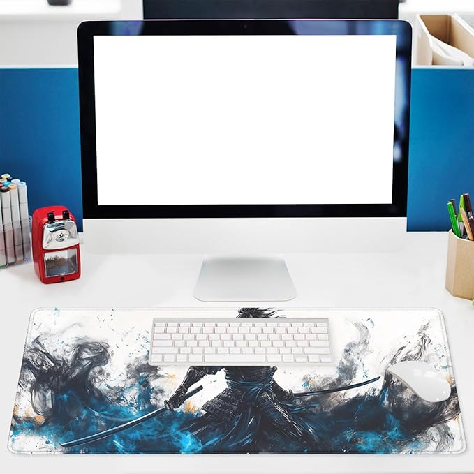Dark Samurai Gaming Mouse Pad Japanese Legendary Armor Blue Flame Extended Mousepad Waterproof Stitched Edges Rubber Base Non-Slip Deskmap Computer Keyboard Mat 31.5x11.8 in