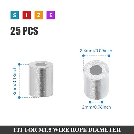 100Pcs Wire Rope Stop Sleeves, 1/16 Inch (1.5mm) Aluminum Crimping Loop Sleeve Round Cable Stop for Wire Rope