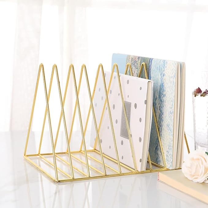 Sooyee 9 Slot Gold Magazine Holder, Desktop File Sorter Organizer Triangle Bookshelf Decor for Home Office, 10.2" L x 7" W x 6.9" H, Iron Wire