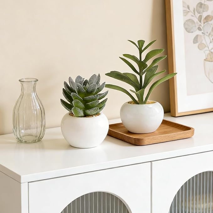 GREENTIME 6 Pcs Mini Artificial Succulents Plants in Ceramic Pots Small Fake Succulent Faux Plant Graduation Decoration Indoor Bedroom Desk Bathroom Office Living Room Table Shelf Teacher Appreciation