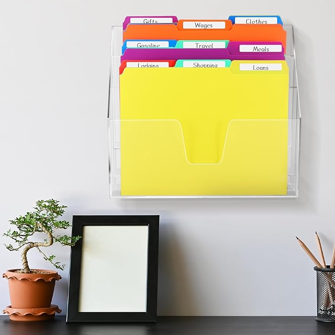 Estune Acrylic Vertical File Organizer, Horizontal Triple File Folder Holder, Paper Desktop Storage, Box for Countertop Office, Includes 12 Pack Folders, 1/3 Cut Tab with Folder Letter Size and Labels