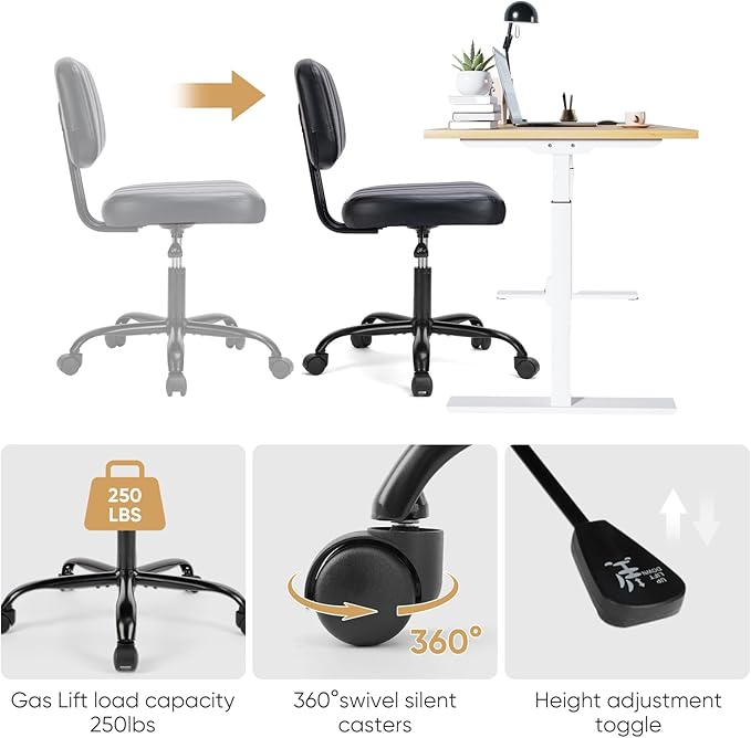 DUMOS Small Armless Home Desk Chair with Low Back Lumbar Support, Height Adjustable PU Leather Computer Task Chair with 360° Swivel Wheels, for Small Space, Adults, New Black