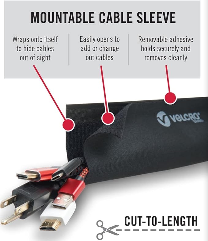 VELCRO Brand Mountable Cable Sleeve | 3-Ft Customizable Cable Raceway with Removable Adhesive | Cut to Length for Custom Size Wire Management | Cord Hider Mounts on Walls, Desk | Black, VEL-30799-USA
