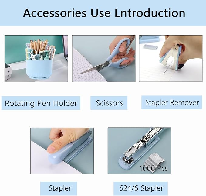 Office Supplies,Bblue Desk Accessories,Office Supplies Set,Desk Organizer,Stapler,Tape Dispenser,Scissors,Staple Remover,Binder Clips,Staples,Ballpoint Pen,Index Tabs with Ruler,Clear Tape.10pcs