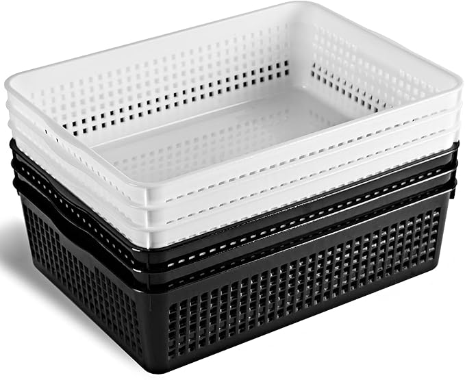 Eslite A4 Size Plastic Storage Basket,Desktop File Paper Letter Organizer Tray, 6-Packs (White+Black)