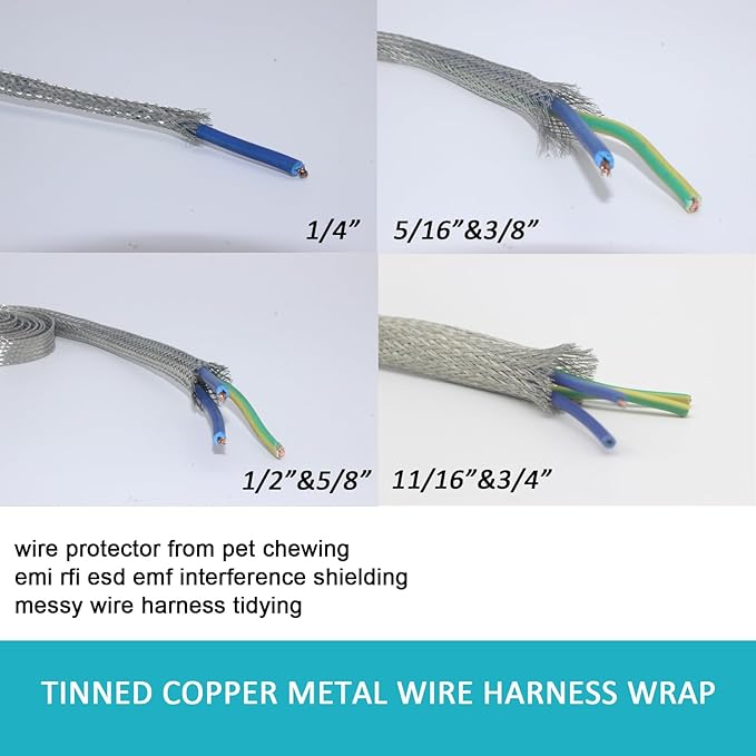 Tinned Copper Braided Cable Shielding Sleeve Metal Wire Loom Sheathing EMI RFI ESD Protector Grounding Mesh Flat Tubular Expandable 5/16" W(0.20" ID)-35FT