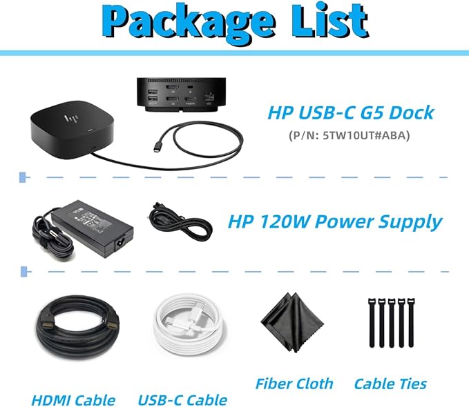 HP HSN-IX02 Docking Station for Laptop Dual Monitor and Charging Bundle-HP USB-C G5 Dock 5TW10UT#ABA with 120W AC Adapter, HDMI Cable, USB-C Cable, Fiber Cloth, Cable Ties