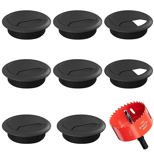 Desk Grommet 3-1/8 inch (80mm) - 8 Pack Black Cable Grommet & Desk Hole Cover with Hole Saw for Cables, Cord Management for Office, TV, and Home Table