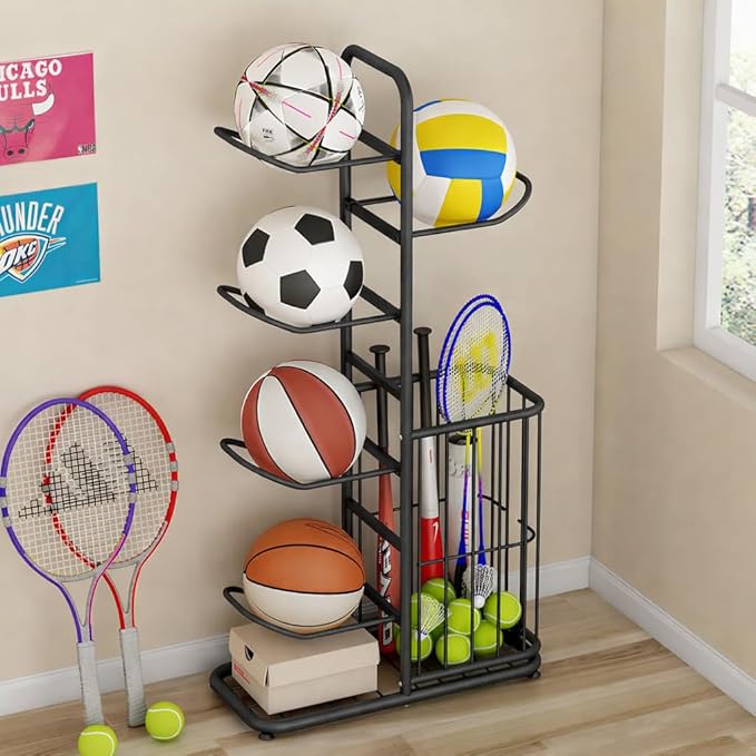 Sports Ball Storage Rack | Adjustable Vertical Stand for Basketball, Soccer, Volleyball & More | Durable Steel Organizer for Garage |5-Ball |45.7 inches, black
