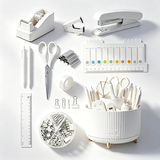 Office Supplies Rotating Pen Holder for Desk with Stapler Staple Remover, Tape Dispenser,2pcs Tape Refills, Binder Paper Clips Kit, Scissor,Pen, Ruler & Sticky Tabs,White Office School Supplies(White)