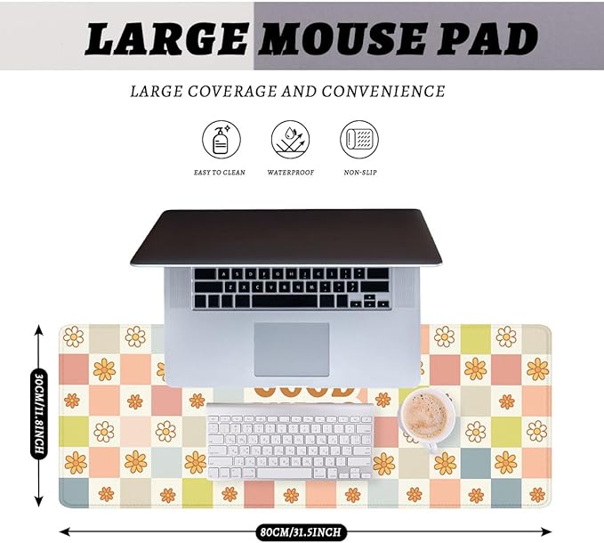 Retro Daisy Desk Pad Mouse Pad Cartoon Colorful Cute Floral Checker Mouse Pad Large Mousepad Extended Laptop Keyboard Mat Gaming Desk Pad Mouse Mat 31.5"x11.8"