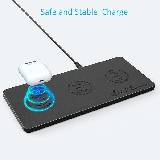 ZealSound Wireless Charging Pad, 3 in 1 Charger Mat for iPhone, Samsung Galaxy, Pixel, AirPods & Galaxy Buds, 24W Adapter Included, Ultra Slim, Case Friendly, PU Leather, for Home Office & Travel