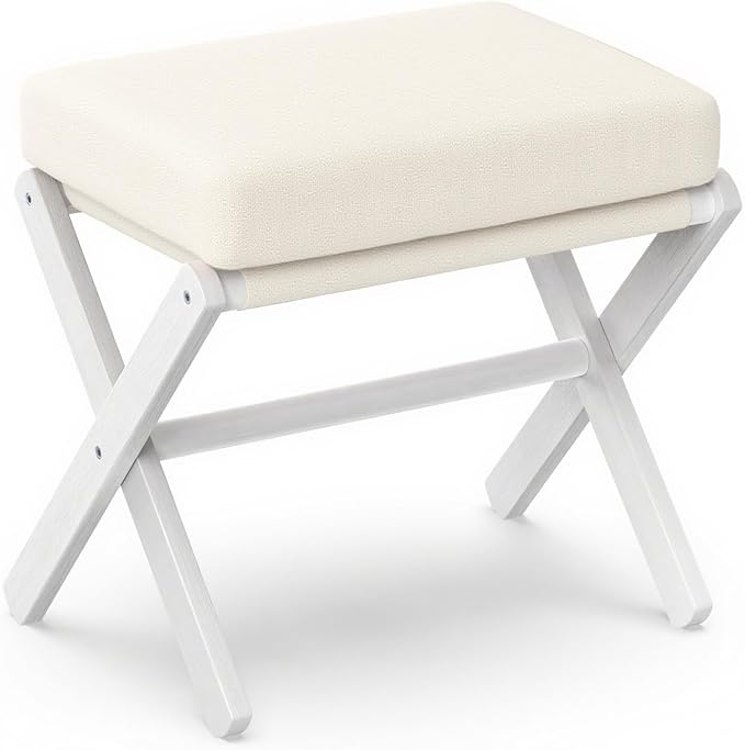 BAMBOOHOMIE Foldable Foot Stool Ottoman, Modern Foot Rest with Bamboo X Legs & Thick Foam Cushion, Folding Foot Stools Small Padded for Bedroom Living Room, Footstool for Chair Couch (White - White)