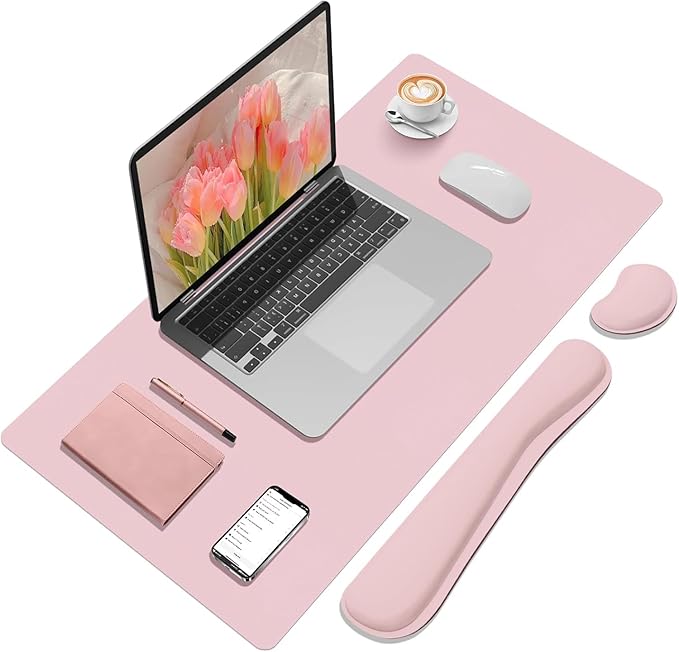 Desk Mat Set， Wrist Rest for Computer Keyboard, 3-in-1 Large Mouse Pad and Keyboard Wrist Rest Set, Non-Slip Desk Mat Protector for Office, Home(27.5×13.8 Inches, Pink)