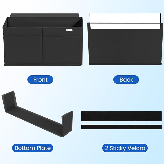 2 Pack Desk Side Hanging Organizer, Adhesive Storage Bag with Pockets for Magazine Ipad Notebook, for End Tables Home Office Desks Computer Workstations Dressing Table, Black