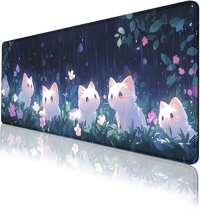 Animation Mouse Pad White Cat Rain Playing Flowers Plants Mousepad Extended Large Laptop Keyboard Non-Slip Rubber Base with Stitched Edges for Home 31.5x11.8 in