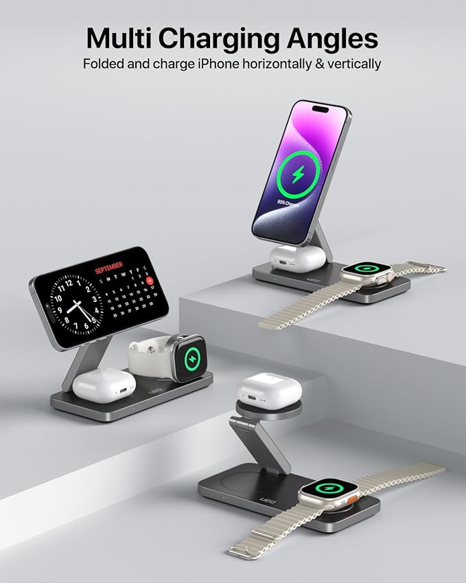 UEQ 3-in-1 Charging Station for Apple Devices,QI2.2 25W Ultra-Fast Magnetic Wireless Charger Stand,Compatible with MagSafe,Foldable Travel Charger for iPhone Air/17/16/15/14/13/12,Apple Watch,AirPods