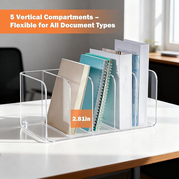 1 Pcs 5-Section Acrylic Magazine File Holder, Desk Organizer Book Rack with 5 Vertical Compartments, Magazine Holders for Book Envelope, Desk Organizer for Home Office