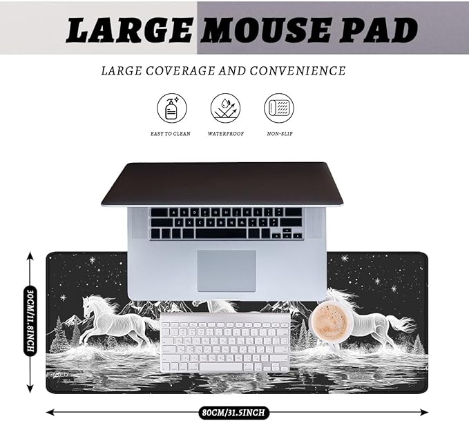 Wild Horses Mouse Pad, Black White Moon Mountain Gaming Desk Mat with Stitched Edges,Non-Slip Waterproof Rubber Base Mouse Mat, 31.5x11.8in Desk Home Office Gaming