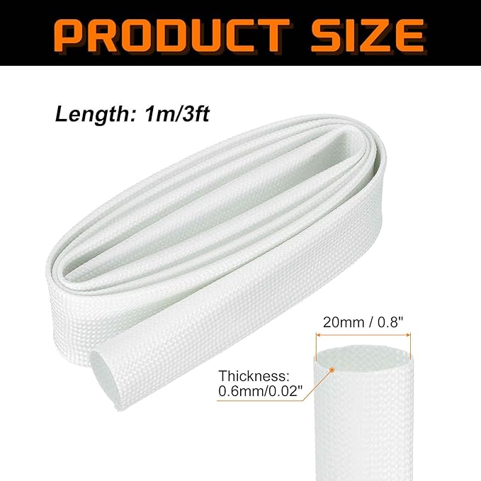 MECCANIXITY 3ft Braided Cable Sleeve, 0.8" ID 200C Heat Resistant 1500V Fiberglass Wire Insulation Cord Protector Organizer Wires Management for Motor Engine Fuel Line, White
