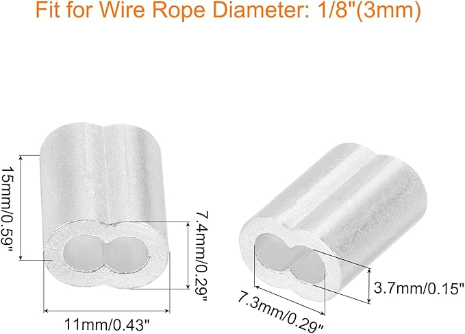 uxcell 100Pcs Aluminum Crimping Loop Sleeve for 1/8" Diameter Wire Rope, Double Ferrule Aluminum Wire Rope Sleeve for Cable Line End