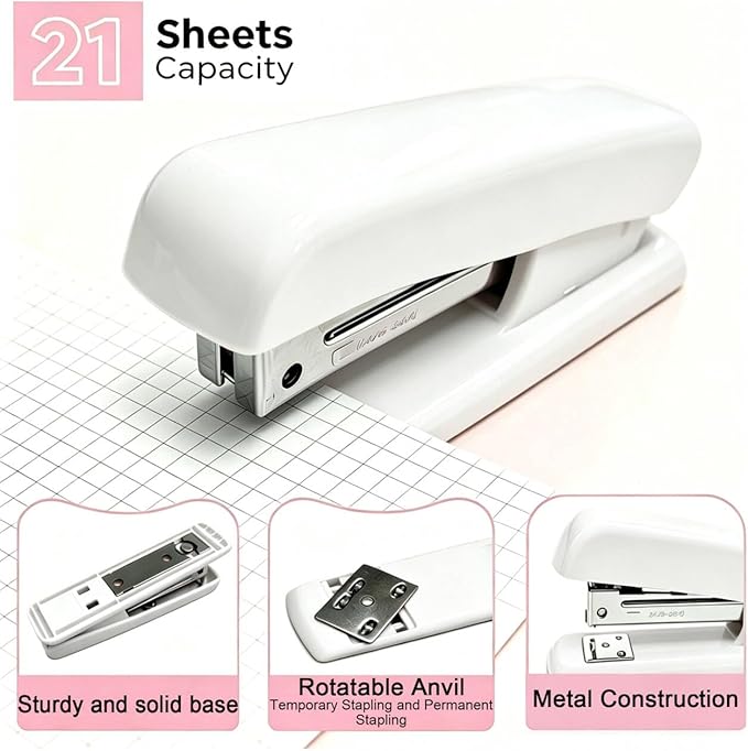 Office Supplies Rotating Pen Holder for Desk with Stapler Staple Remover, Tape Dispenser,2pcs Tape Refills, Binder Paper Clips Kit, Scissor,Pen, Ruler & Sticky Tabs,White Office School Supplies(White)