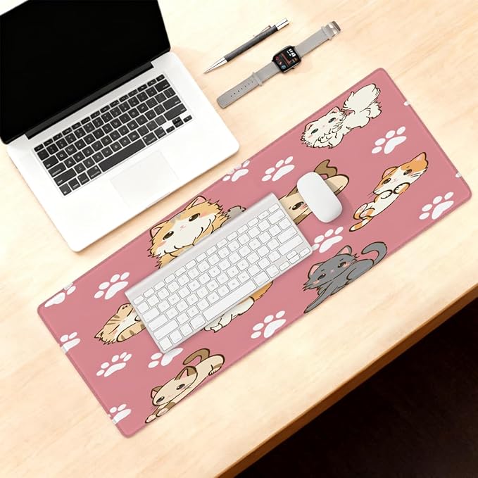 Large Mouse Pad Cute Animal Cat Non-Slip Rubber Long Gaming Desk Mat Big Computer Keyboard Mousepad Waterproof Protector Wristing Pad for Gaming Office Home Decorative 31.5 X 11.8 Inch