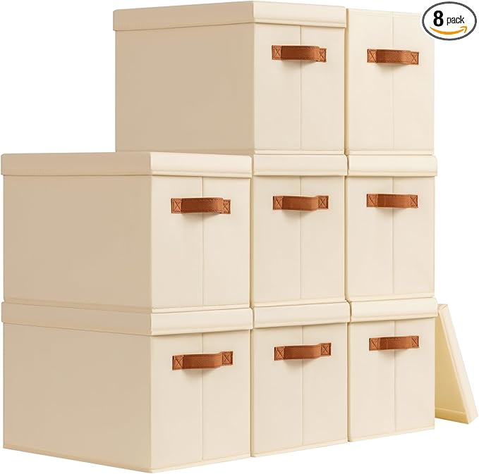 Homsorout Storage Bins with Lids - Fabric Storage Baskets for Shelves, 8 Pack Foldable Decorative Boxes with Handles, Stackable Organizer Bins for Home, Nursery, Dorm, Beige