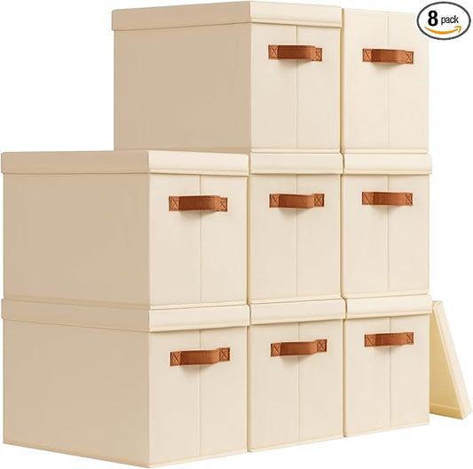 Homsorout Storage Bins with Lids - Fabric Storage Baskets for Shelves, 8 Pack Foldable Decorative Boxes with Handles, Stackable Organizer Bins for Home, Nursery, Dorm, Beige