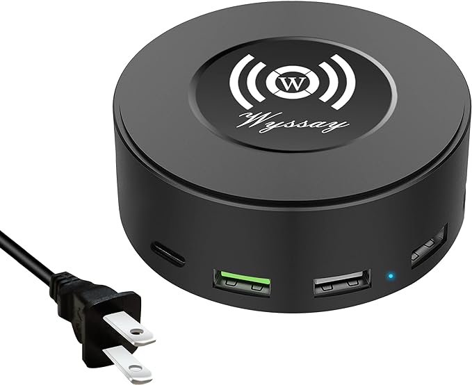 75W 6-Port Desktop Charging Station With Wireless Charger - Type-C, Quick Charge 3.0, 4 USB Ports - Multi Charger Hub for Smartphones and More (Black)