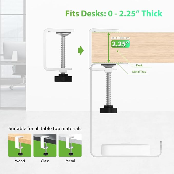 KEEGH 16'' Under Desk Cable Management Tray, No Drill Clamp Mount, Sturdy Metal Cable Tray for Power Strip, Cord Management Tray for Home Office, Gaming Desk, Standing Desk, White, 1 Pack