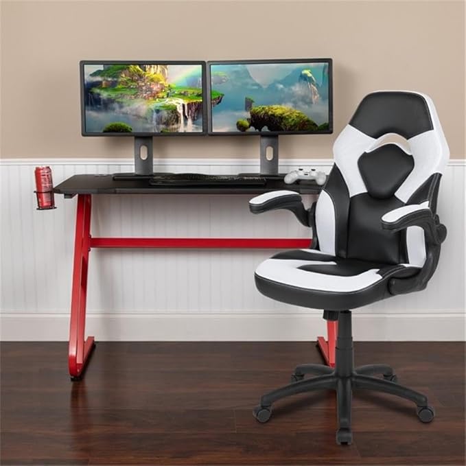 BOWERY HILL 2 Piece Gaming Desk Set, Z-Frame Design, Black Laminate Desk with Cable Management, Red and White Finish, Ergonomic Chair with Lumbar Support, Adjustable Arms, for Home or Office Use