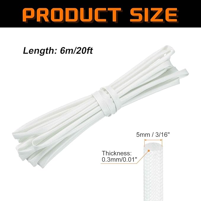 MECCANIXITY 20ft Braided Cable Sleeve, 3/16" ID 200C Heat Resistant 1500V Fiberglass Wire Insulation Cord Protector Organizer Wires Management for Motor Engine Fuel Line, White