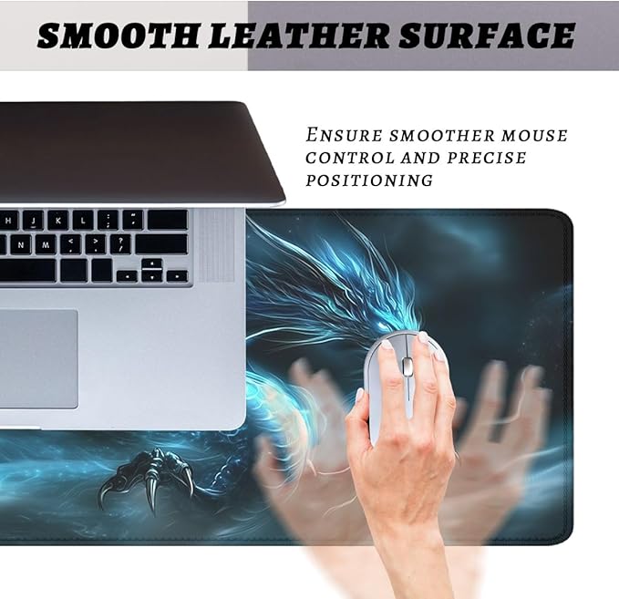 Blue Dragon Mouse Pad, Dark Fantasy Fire Dark Art Gaming Desk Mat with Stitched Edges,Non-Slip Waterproof Rubber Base Mouse Mat, 31.5x11.8in Mouse Pads for Desk Home Office Gaming