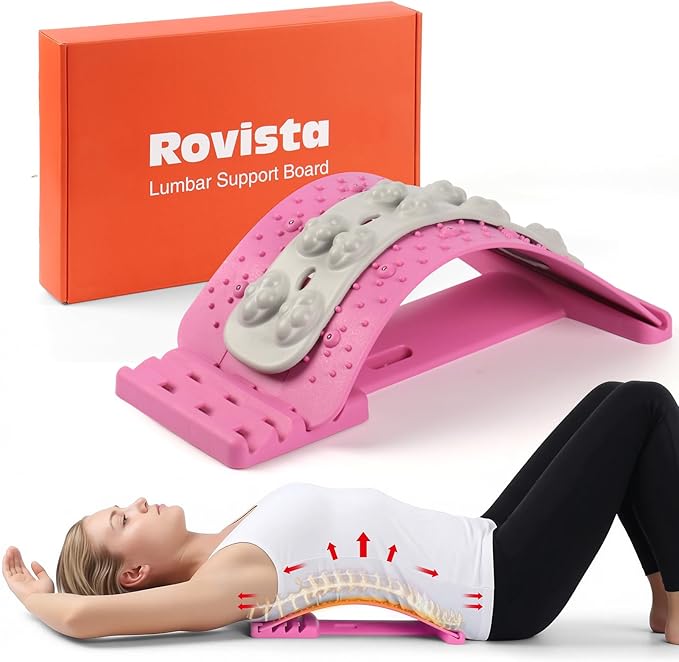 Premium Back Stretcher for Lower Back Pain Relief – 4-Level Adjustable Lumbar Support Board with Soft EVA Massage Strip – Durable & Portable Back Cracker to Release Tension and Reset Your Day (Pink)