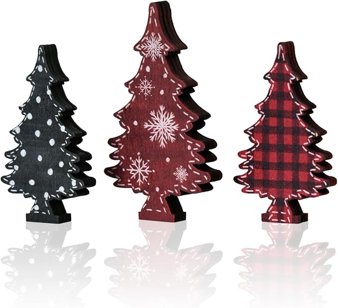 Smile 3 Pcs Wooden Blocks Christmas Trees Signs, Tiered Tray Decorations, for Home Table Shelf.