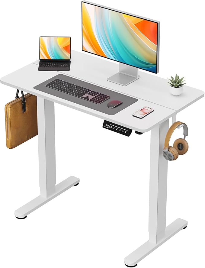 Small Electric Standing Desk, 35" ×20" White Standing Desk, Height Adjustable Compact Sit Stand Workstation with Splice Board, Home Office Desk with 2 Hooks