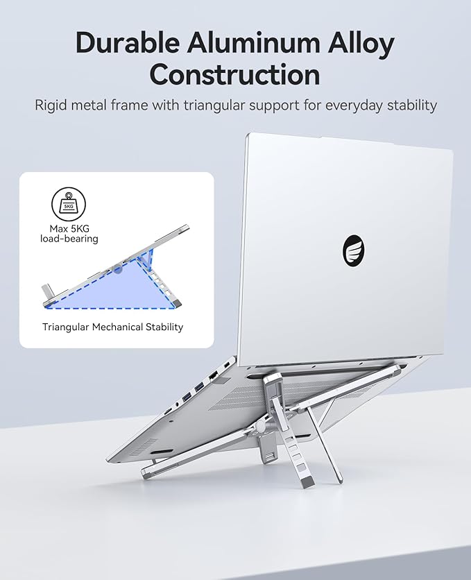 ORICO Portable Laptop Stand for Travel & Desk, Ultra-Compact Foldable Aluminum 3-in-1 Riser for Laptop, Tablet & Phone, 5 Adjustable Heights, Compatible with MacBook/HP/Dell/iPad/iPhone – PN1 (Silver)