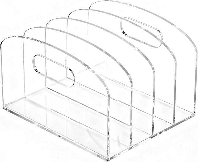 Jumyee 4 Vertical Compartments Acrylic Magazine File Holder with Handles, Clear Desk File Organizer Sorter, Desktop File Storage Binder Holder for Desk, Home, Office, School, Classroom
