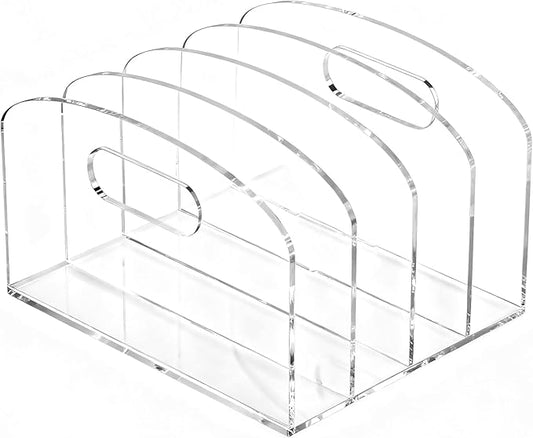 Jumyee 4 Vertical Compartments Acrylic Magazine File Holder with Handles, Clear Desk File Organizer Sorter, Desktop File Storage Binder Holder for Desk, Home, Office, School, Classroom