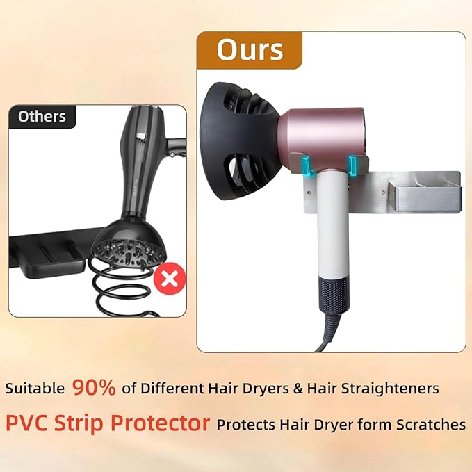 Hair Dryer and Straightener Holder, Upgraded Hair Straightener Holder with Cable Hook, Stainless Steel Universal Hair Dryer Wall Mount Waterproof for Bathroom Space-Saving Silver