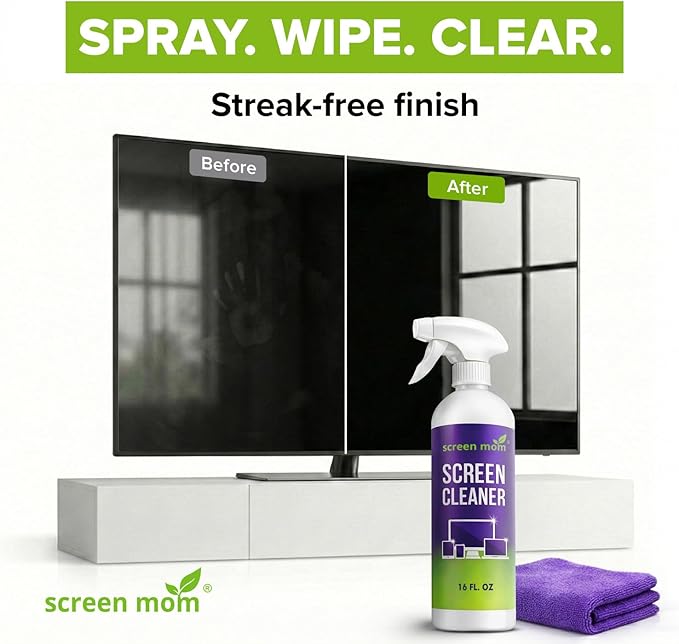 Screen Mom Screen Cleaner Spray and Microfiber Cloth 16oz Screen Cleaner Spray and Wipe for TV, Laptop, Computer, Phone, iPad, Car Screen Cleaning Kit Electronic Cleaner Spray