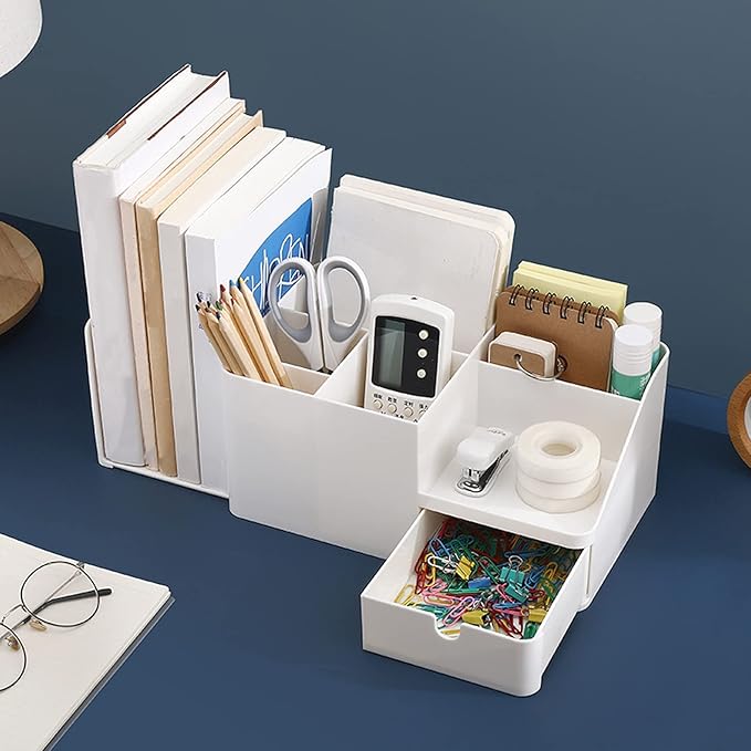 Desk Organizer with Bookshelf White Desktop Organizers and Accessories Bookends Multifunctional Office Stationary Organizer with Drawer Plastic Makeup Storage Box (Small, Beige)