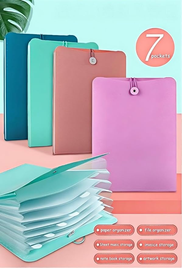 Vertical Expanding Accordion Folder with 7 Pockets Paperwork Organizer Document Wallet Briefcase Business File Organizer Bag A4 Letter Size Elastic Rope Closure Green