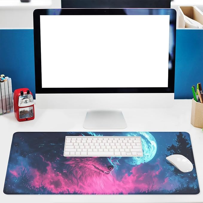 Wolf Monster Mouse Pad Night Sky Blue Moon Pink Neon Weird Extended Mousepad XXL Computer Laptop Keyboard Mouse Mat Big Aesthetic Desk Decor Pad 31.5x11.8 in