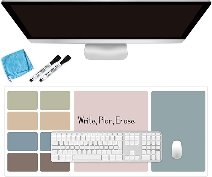 Dry Erase Desk Mat, Large Mouse Pad, Erasable Writing White Board for Making Plans, Self Adhesive Desktop Protector with 2 Wet Erase Markers & 1 Eraser for Home Office School 36"x16" (Boho)