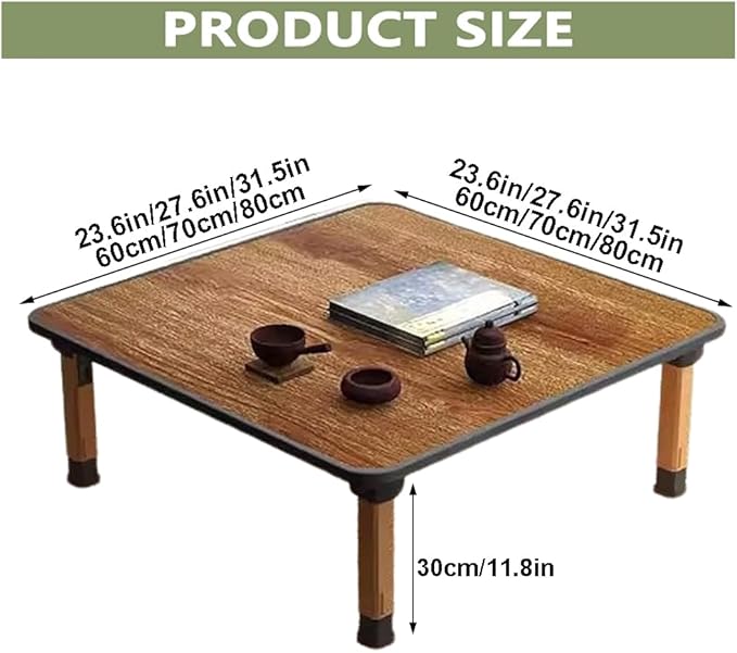 Japanese Wooden Folding Tea Coffee Tables, Square Floor Adjustable Low Table for Tatami Sitting On The Floor, Foldable Laptop Kotatsu Dining Table Meditation Bay Window Table (70 * 70cm)