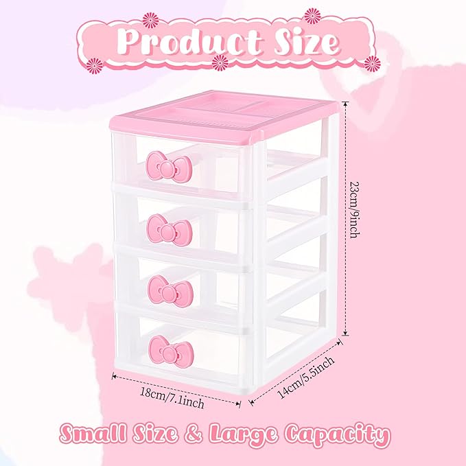 Girls Cute Lovely Color Storage Box Makeup Organizer with 4 Layers, Cute Storage Cabinet Box with Bow Handle, Desktop Storage Box for Home Bedroom Bathroom Women Girl Gifts (Pink)