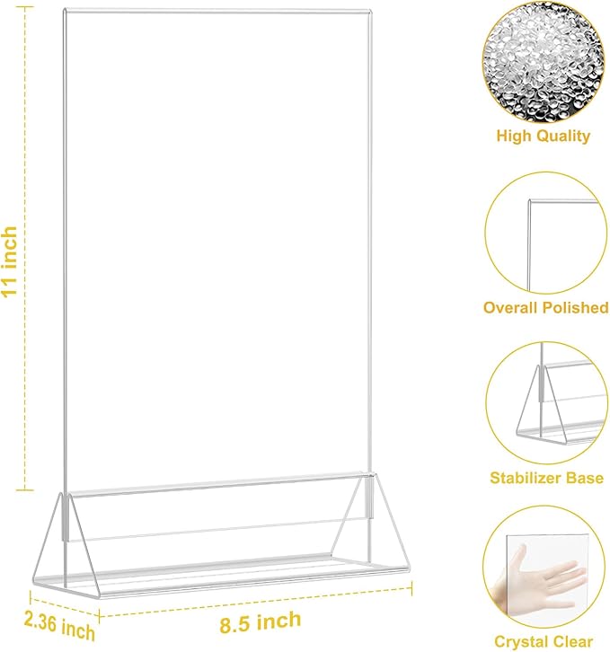 EHWINE 8 Pack Acrylic Sign Holder 8.5 x 11, Double Sided Clear Picture Frame Stand up Table Top Sign Holders, Clear Display Stand Menu Flyer Holder for Wedding Party (Provide Non-slip Mats)